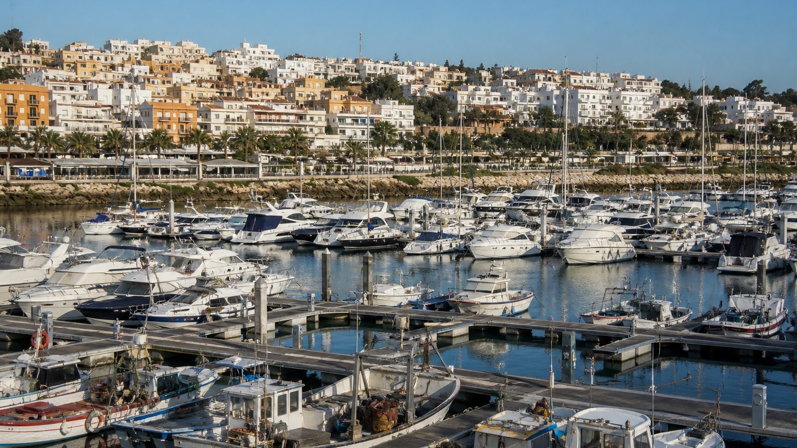 Albufeira Marina berths with the town on the hill behind
